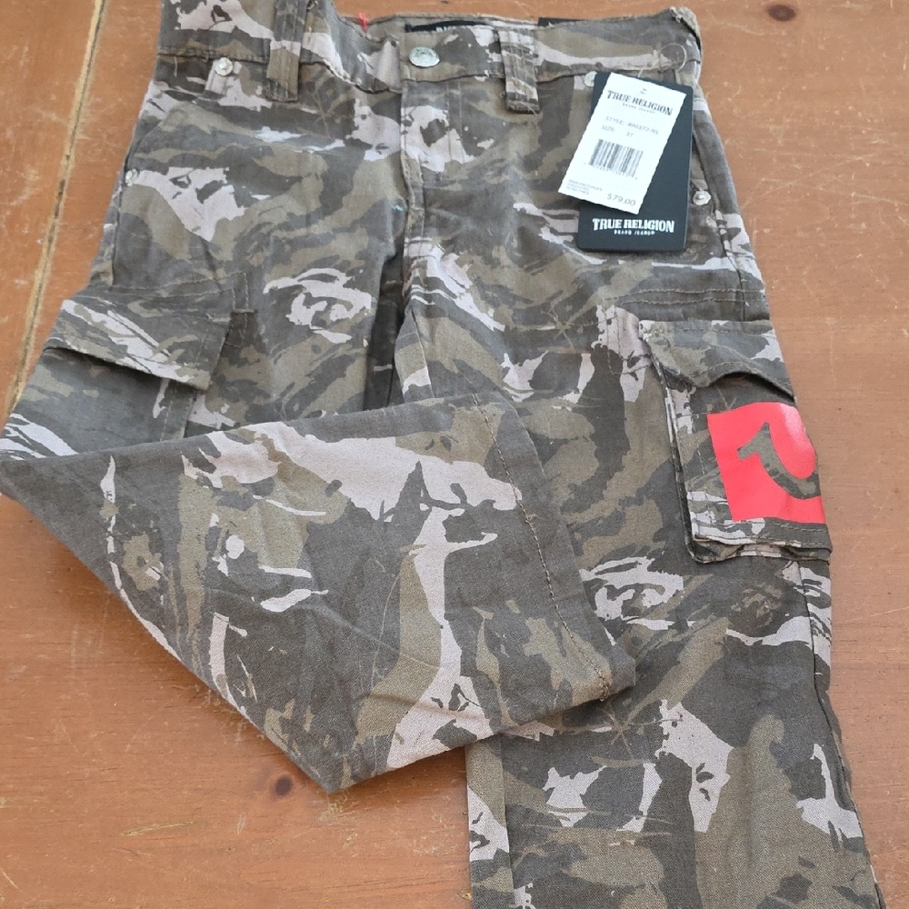 True Religion Brown Camouflage Cargo Pants with Red Detail